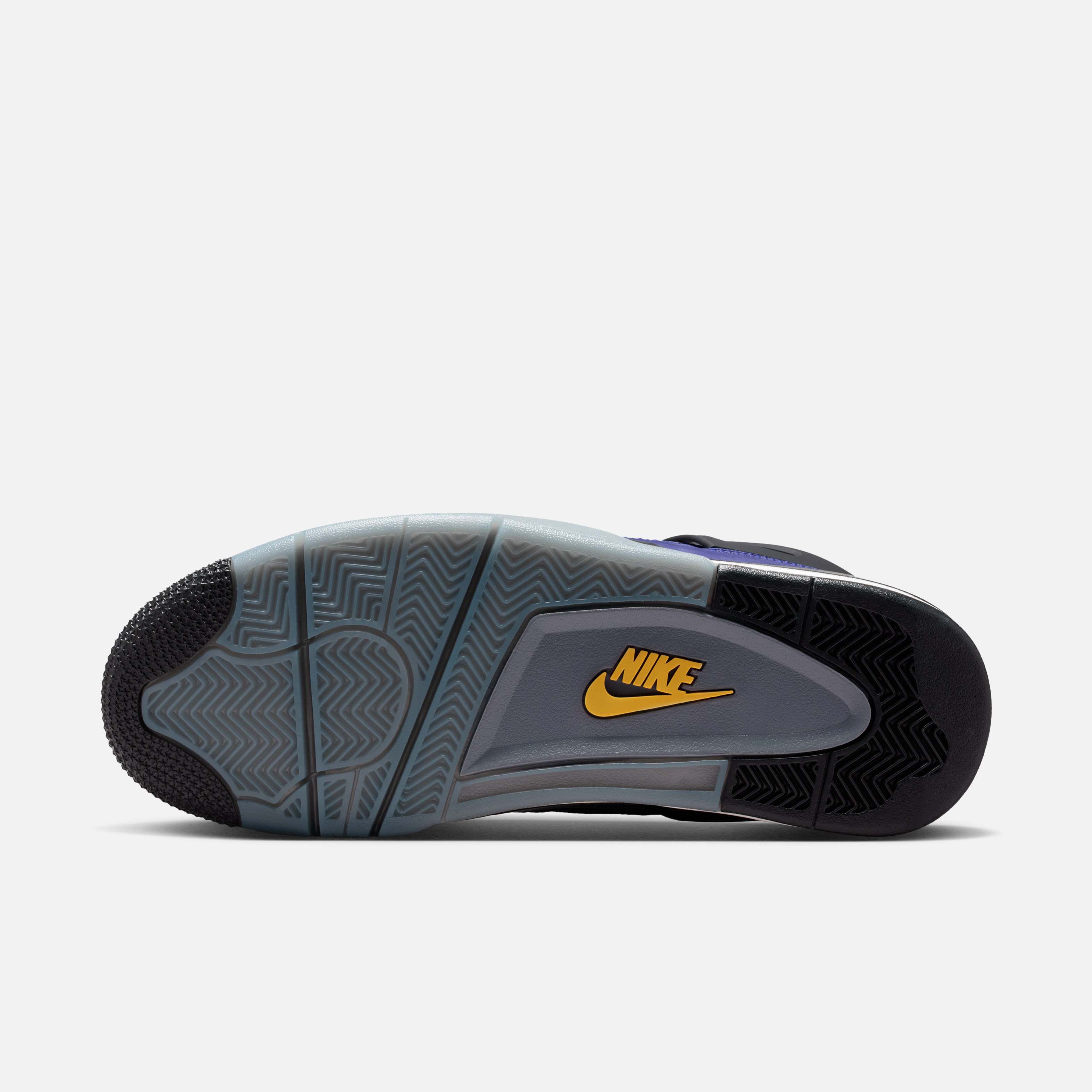 Detailed mock-up of Air Jordan 4 “Lakers” showing suede and plastic panel construction