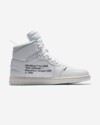Side view of the Off-White x Air Jordan 1 “Alaska” with signature text and minimalist white design.