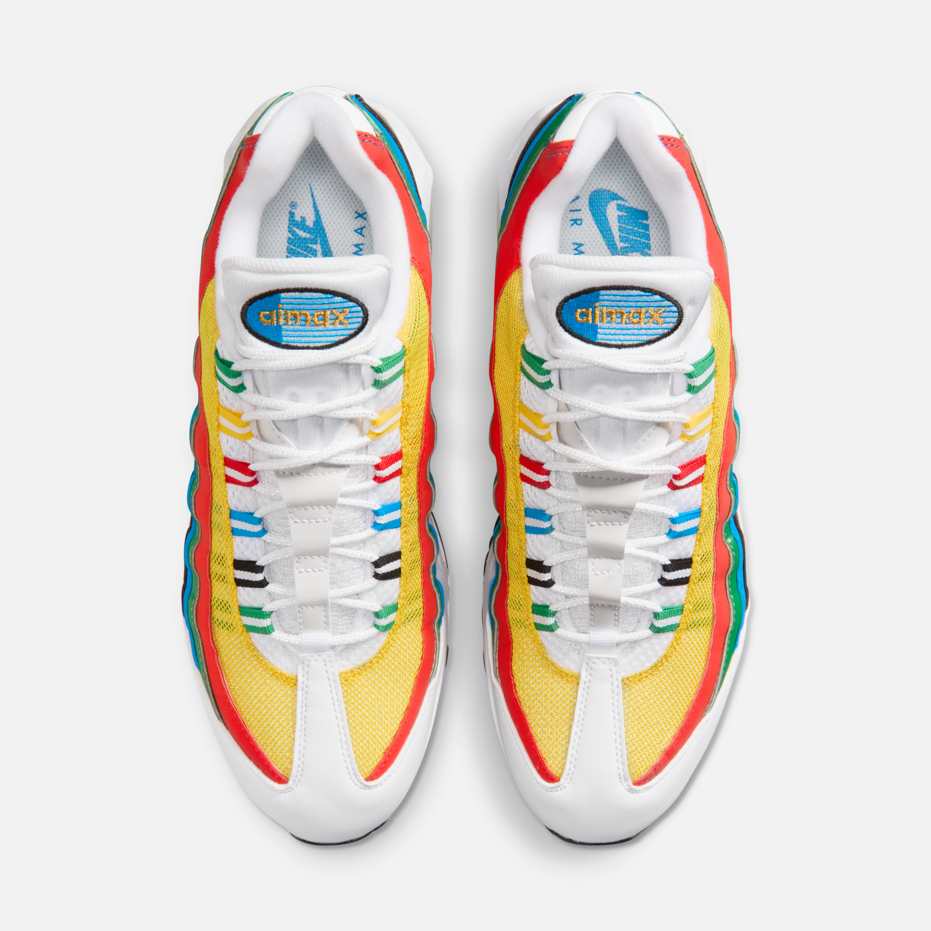 Detailed first look at the 2026 Nike Air Max 95 Olympic returning edition with vibrant red, yellow, green, blue, and black overlays.