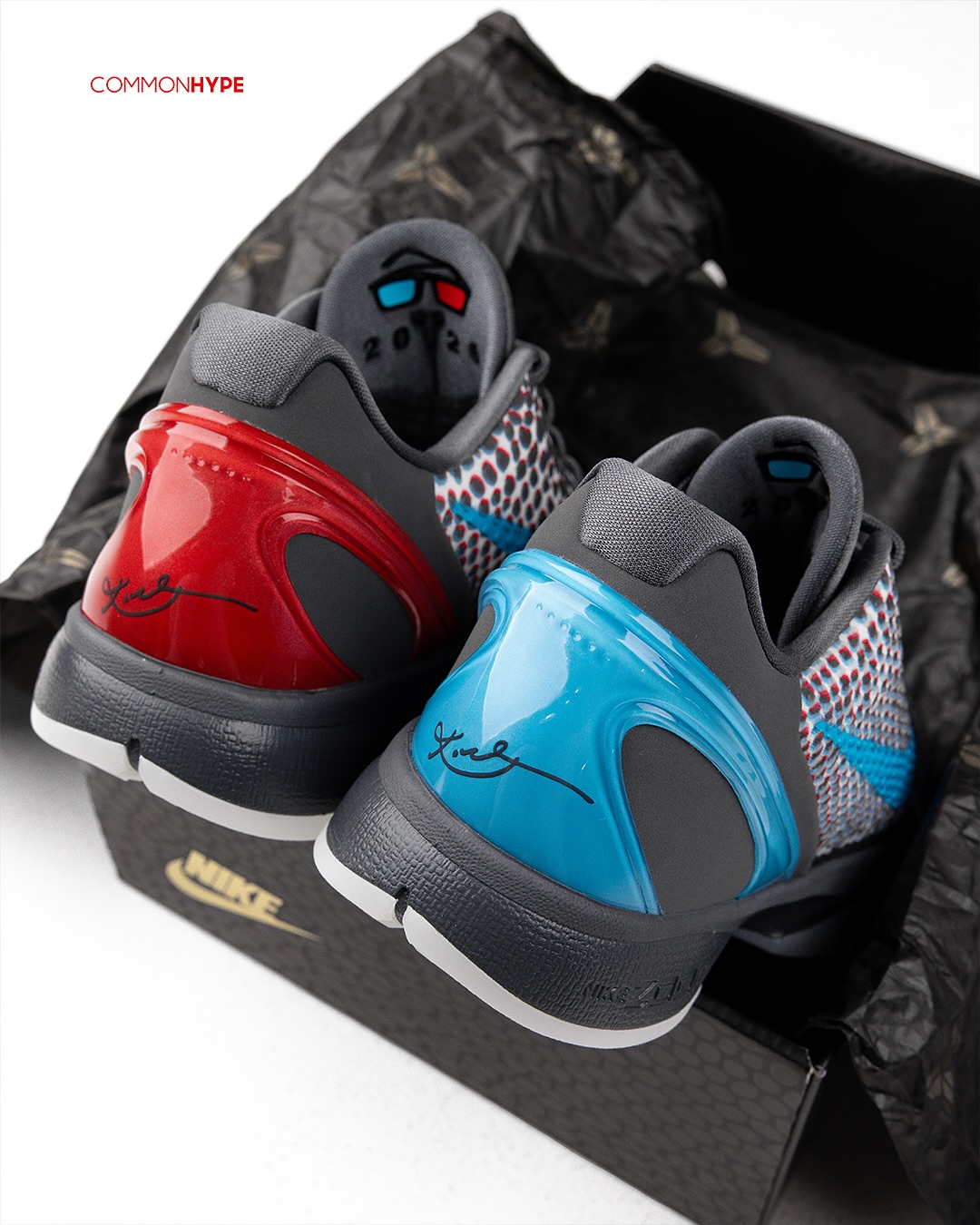 Nike Kobe 6 Protro 3D Hollywood 2026 sneaker with 3D lenticular upper and red/blue mismatched Swooshes