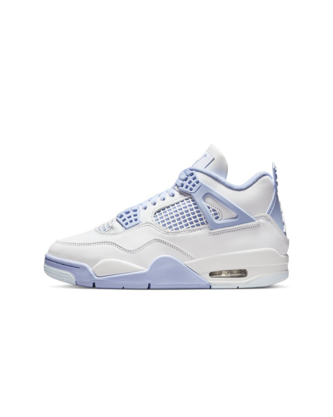 Air Jordan 4 "Forget Me Not" (W) Side view of the Air Jordan 4 "Forget Me Not" (W), featuring light blue accents and white leather upper.