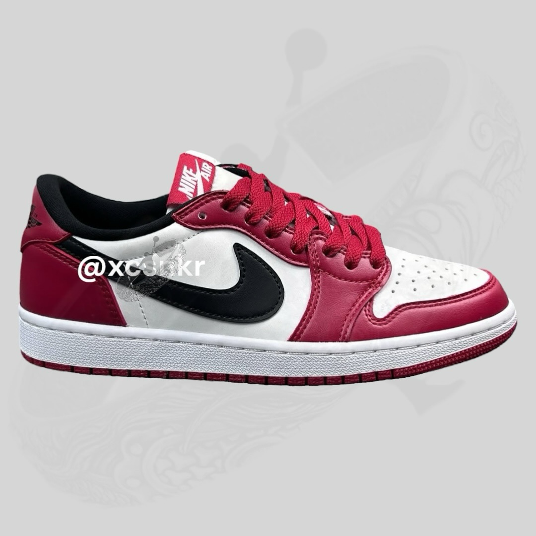 Air Jordan 1 Low Chicago Side view of the Air Jordan 1 Low “Chicago” showing red, white and black leather upper