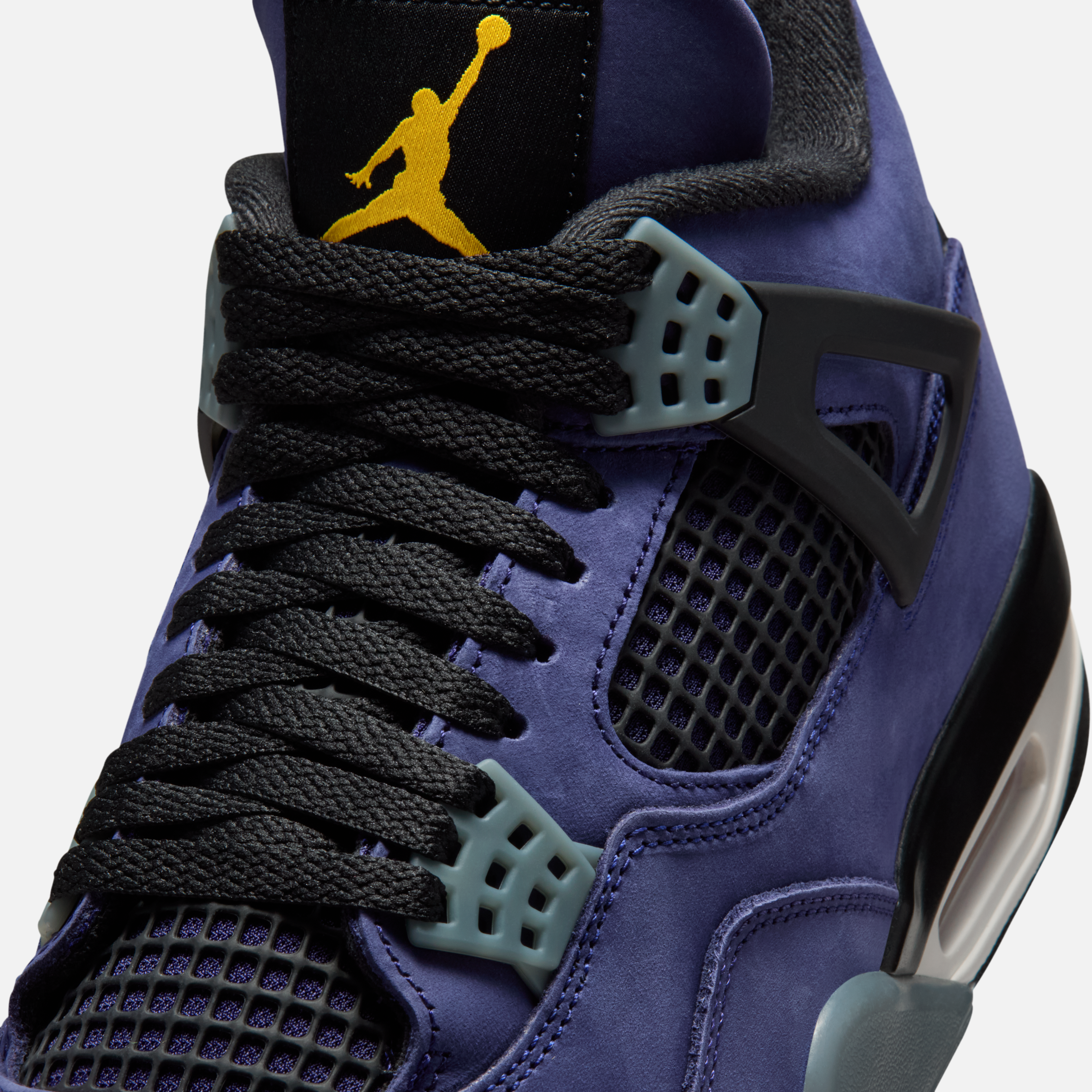 Detailed mock-up of Air Jordan 4 “Lakers” showing suede and plastic panel construction