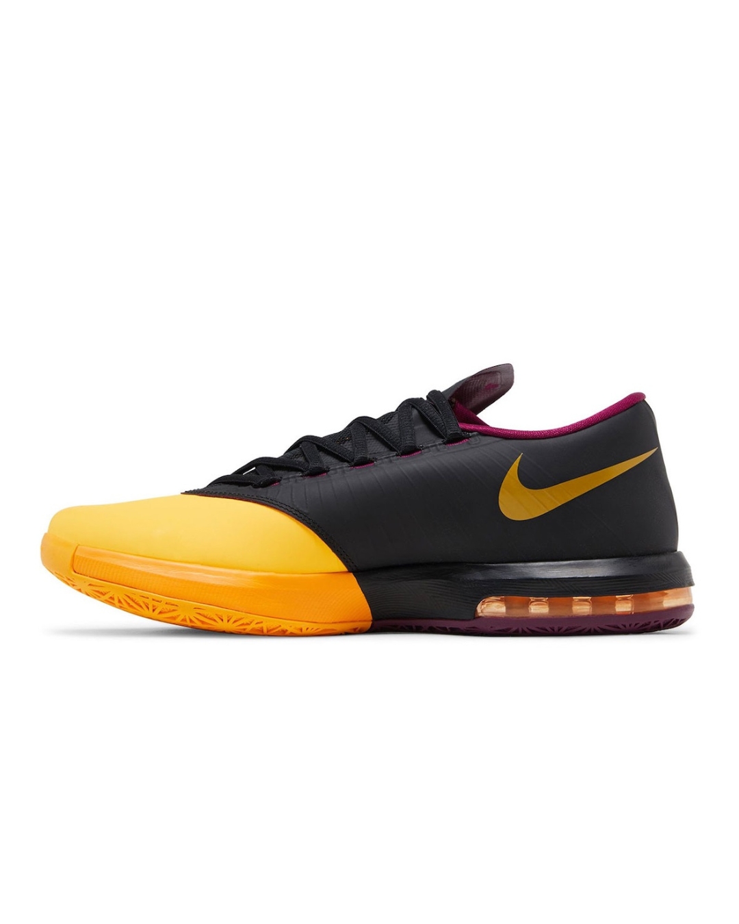 Nike KD 6 “Peanut Butter Jelly” Lateral side view of Nike KD 6 “Peanut Butter Jelly” with maroon jelly-textured Swoosh
