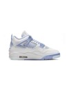 Angled shot of the Air Jordan 4 “Forget Me Not” in white and blue, women’s exclusive Spring 2025 release.