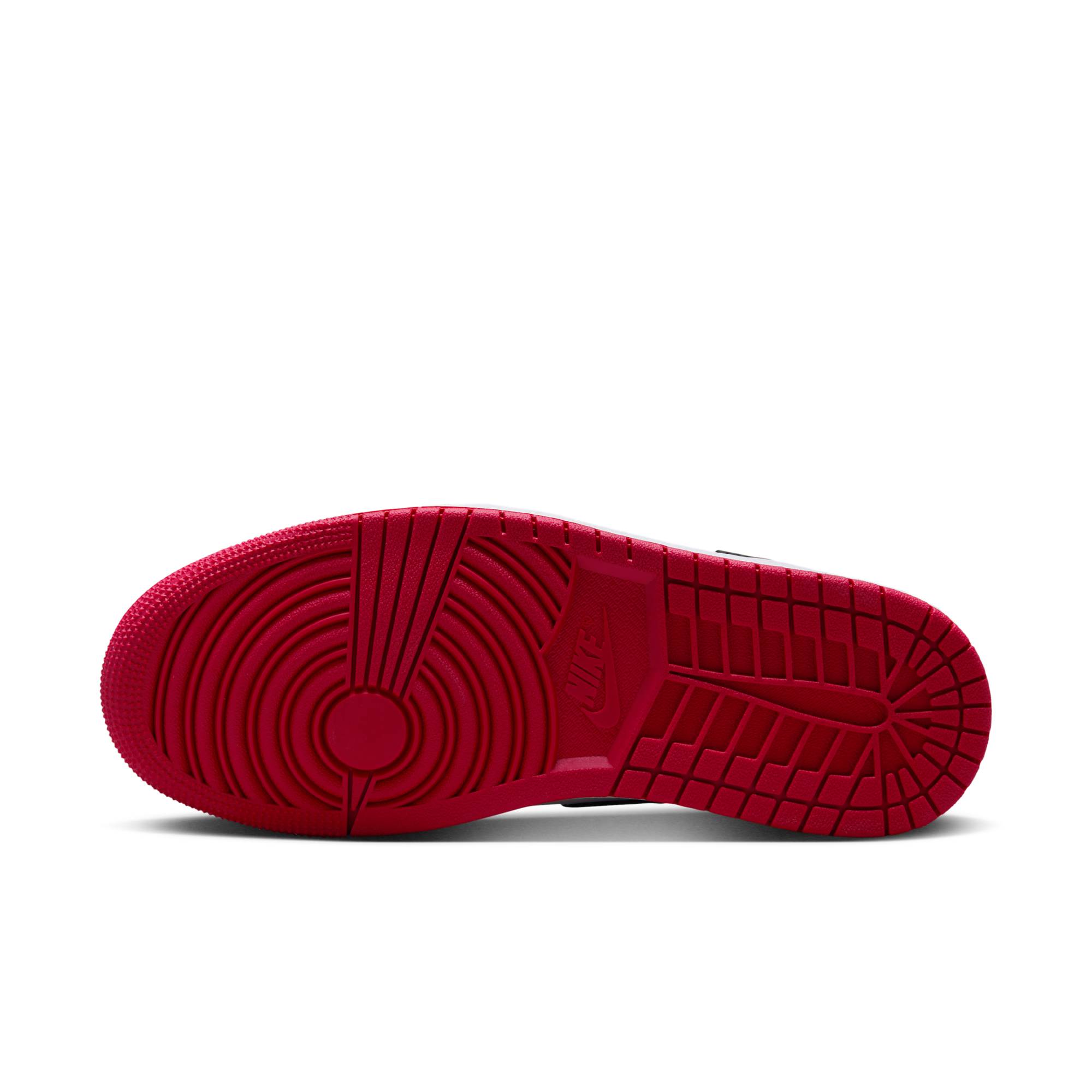 Outsole view of Air Jordan 1 High Ruby in solid red rubber