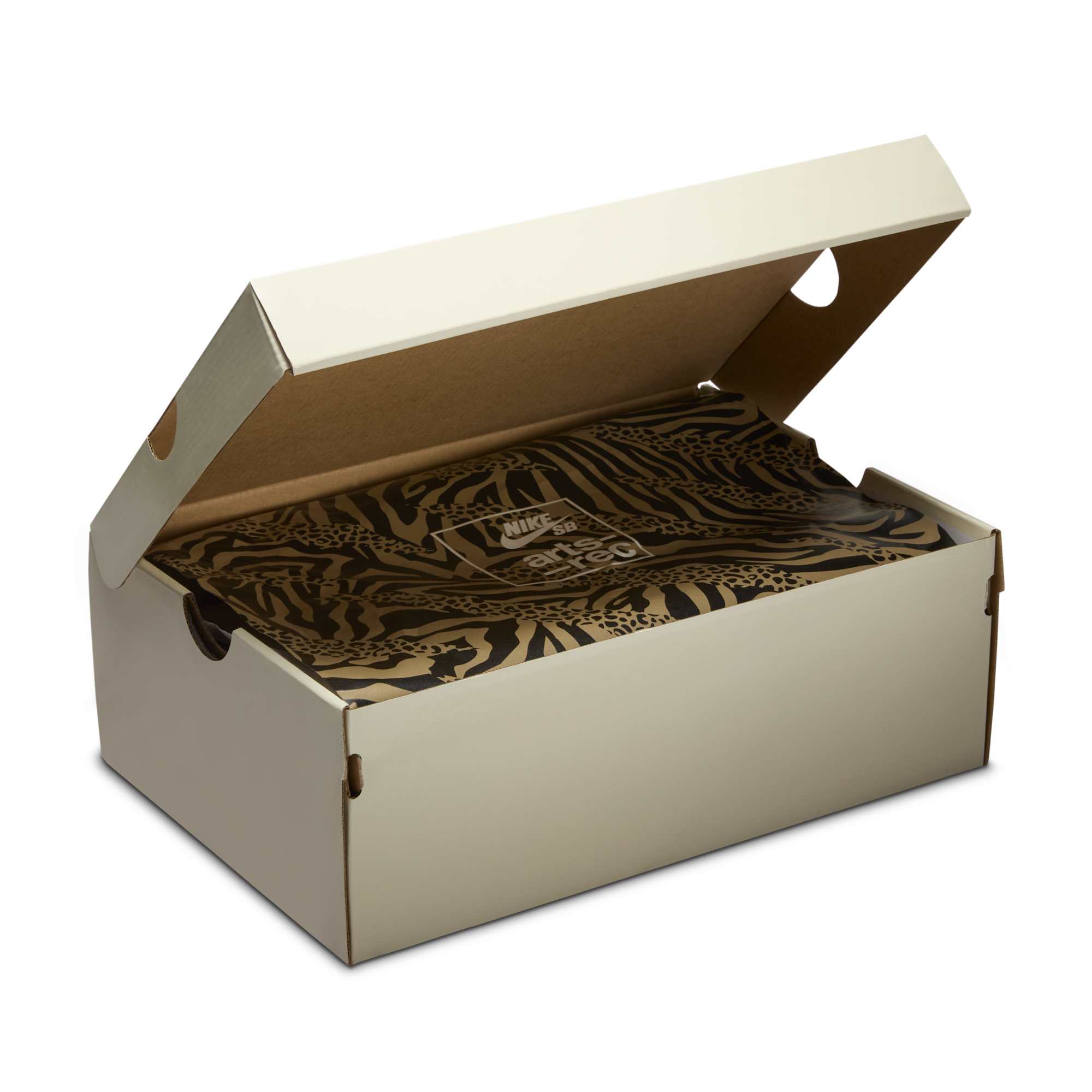 Arts-Rec x Nike SB Dunk Low Top-down view of both sneakers showing co-branded innersoles and print details