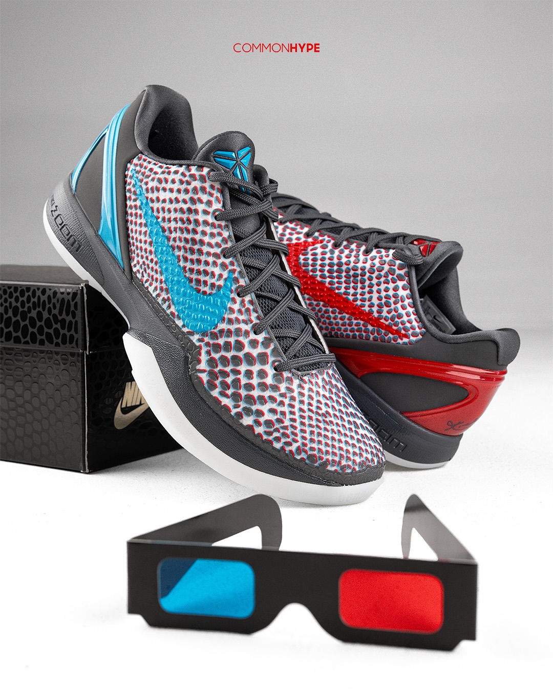 Nike Kobe 6 Protro 3D Hollywood 2026 sneaker with 3D lenticular upper and red/blue mismatched Swooshes