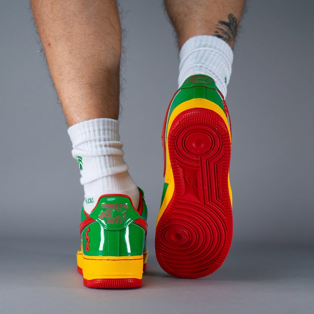 Alternate angle of the vibrant red, green, and yellow Nike Air Force 1 “Lucky Green” by Lil Yachty.