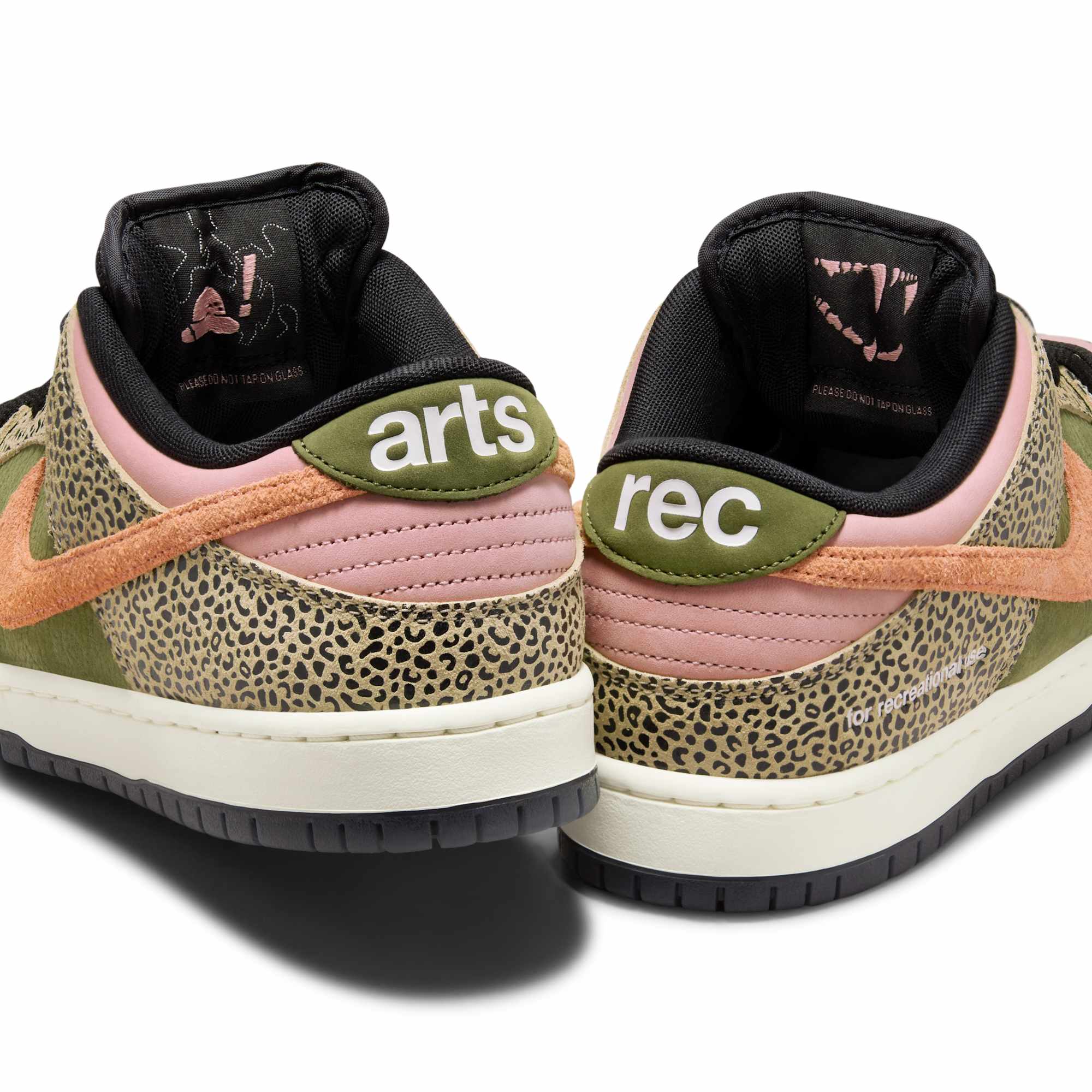 Arts-Rec x Nike SB Dunk Low Rear shot with “arts” and “rec” heel tabs on the SB Dunk Low