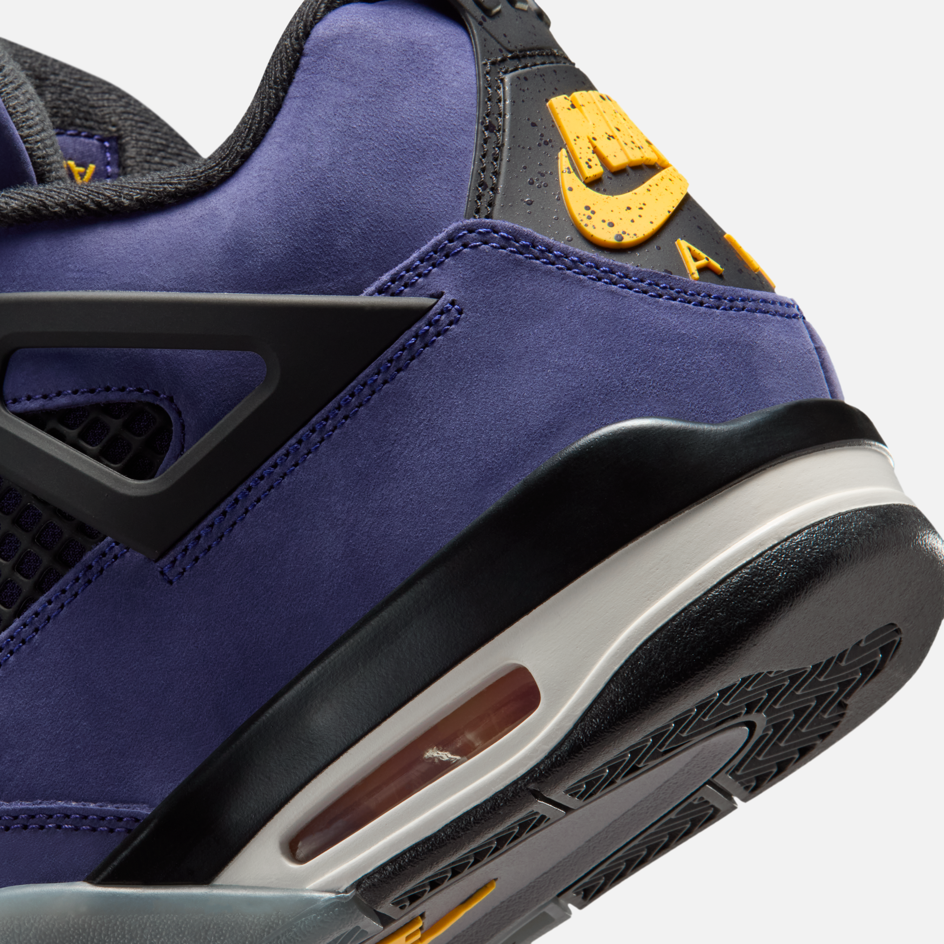 Detailed mock-up of Air Jordan 4 “Lakers” showing suede and plastic panel construction