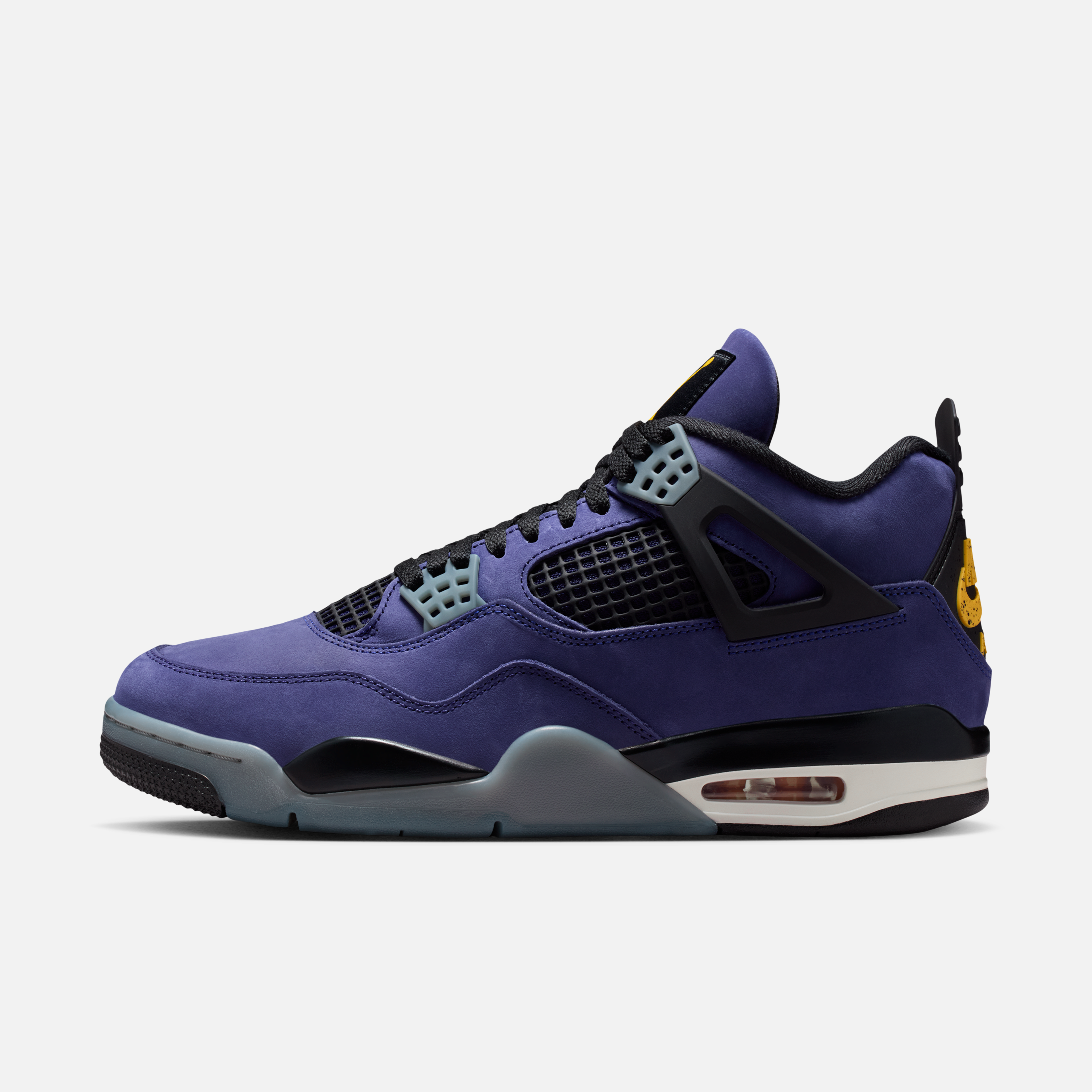 Detailed mock-up of Air Jordan 4 “Lakers” showing suede and plastic panel construction