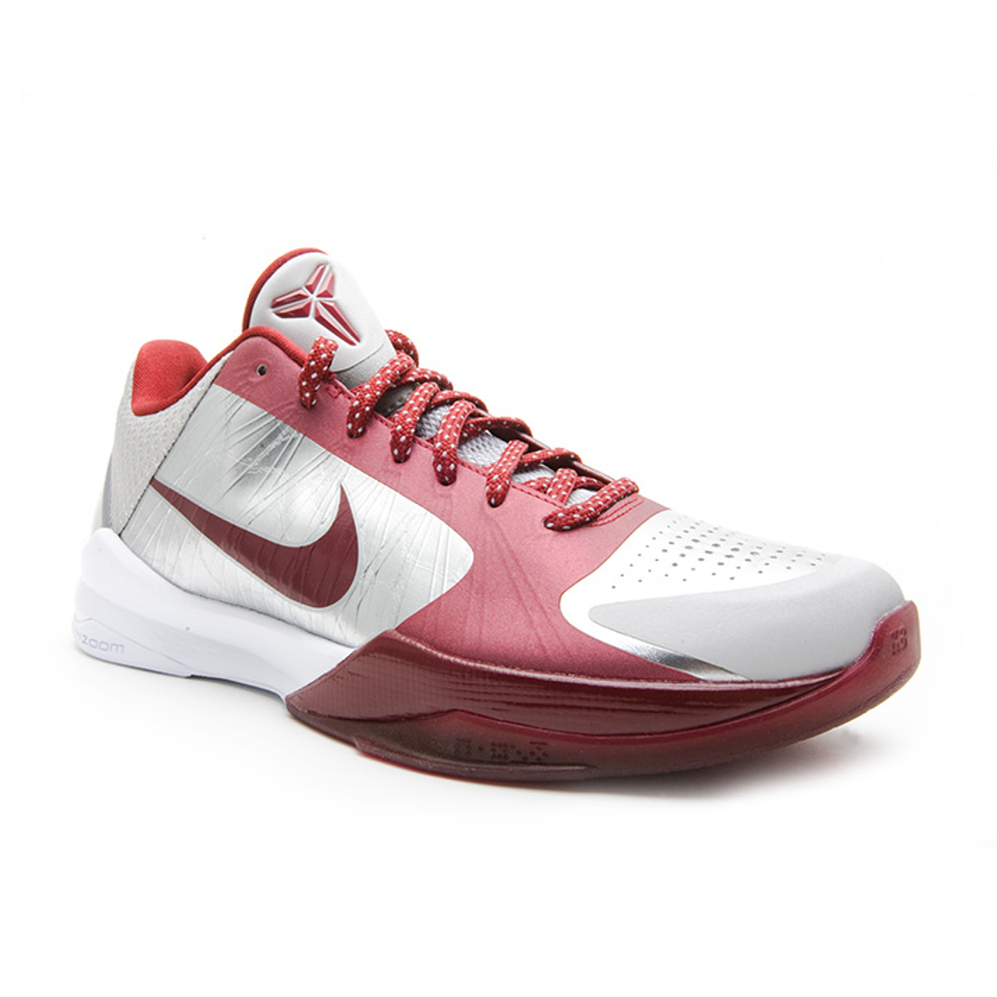 Front angle of the Nike Kobe 5 Protro “Lower Merion Away” showing padded tongue and lacing