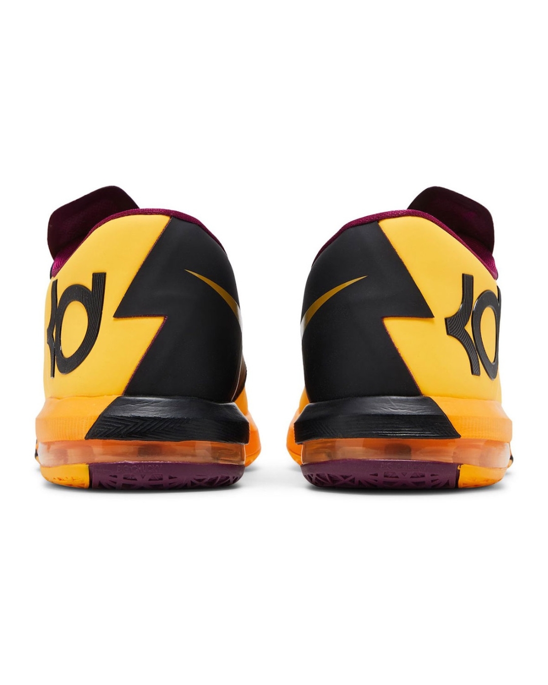 Nike KD 6 “Peanut Butter Jelly” Rear heel view of Nike KD 6 “Peanut Butter Jelly” sneakers in yellow, black, and maroon colorway