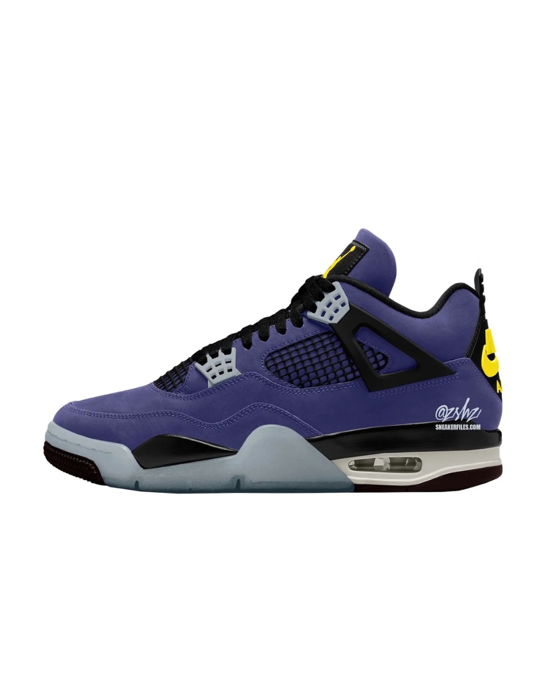 Detailed mock-up of Air Jordan 4 “Lakers” showing suede and plastic panel construction