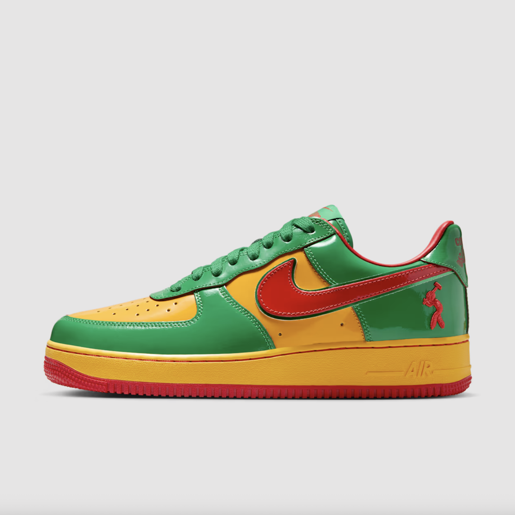 Official images of the vibrant red, green, and yellow Nike Air Force 1 “Lucky Green” by Lil Yachty.