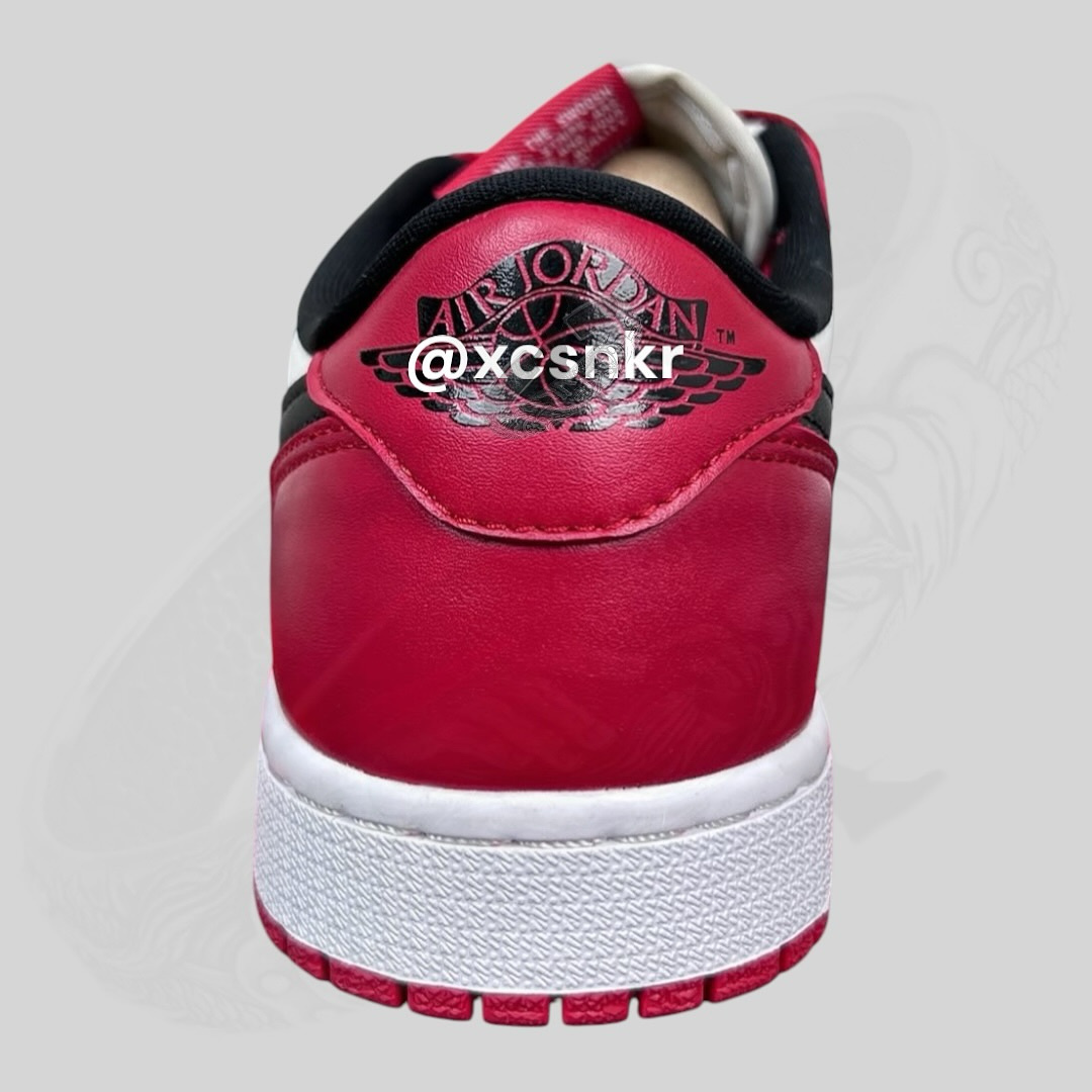 Air Jordan 1 Low Chicago Heel close-up of the Air Jordan 1 Low “Chicago” with black Wings logo