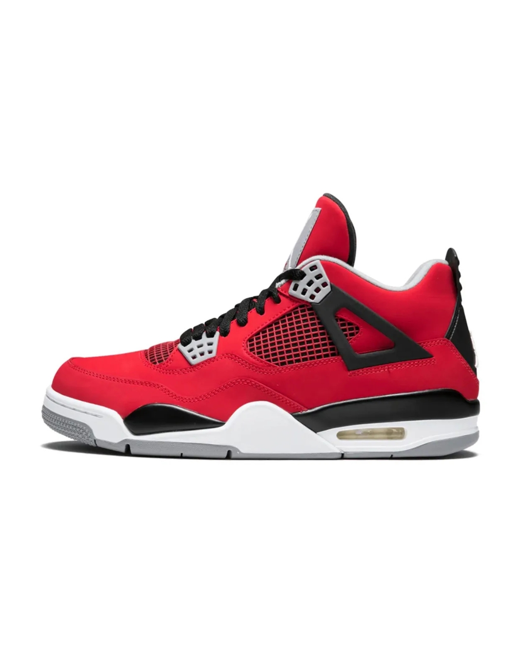 Air Jordan 4 “Toro Bravo” Side view of the Air Jordan 4 “Toro Bravo” featuring Fire Red upper and black support cage