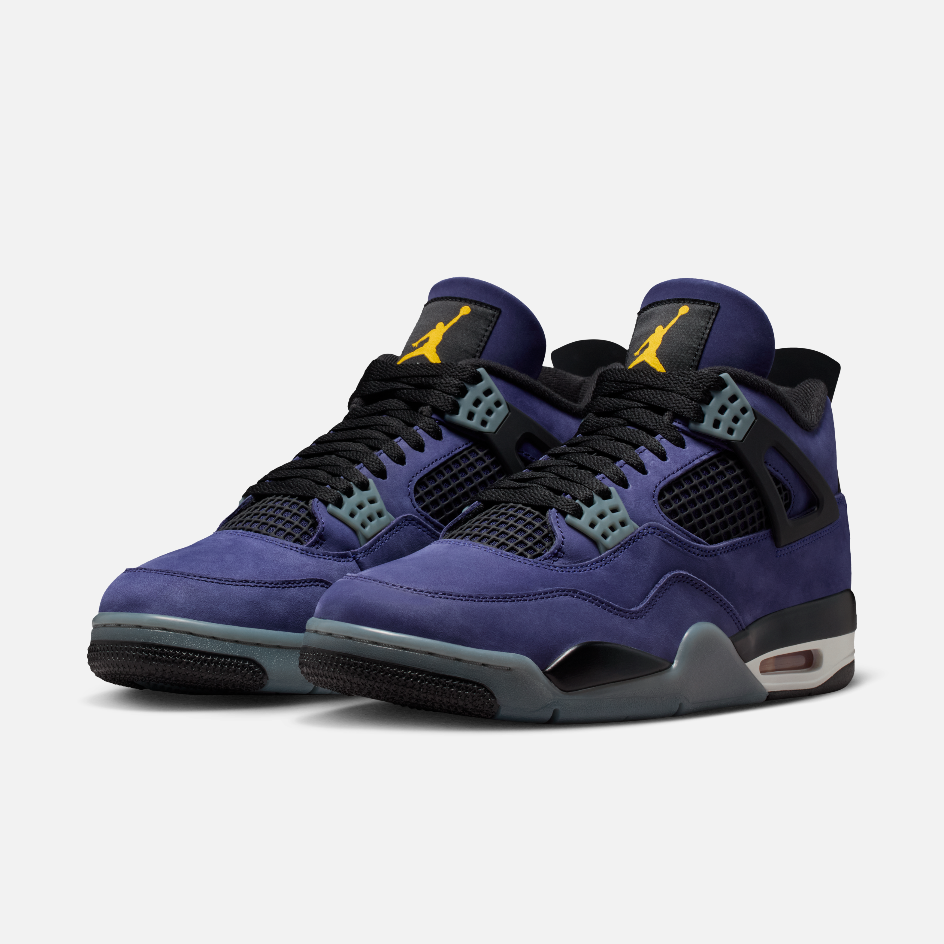 Detailed mock-up of Air Jordan 4 “Lakers” showing suede and plastic panel construction