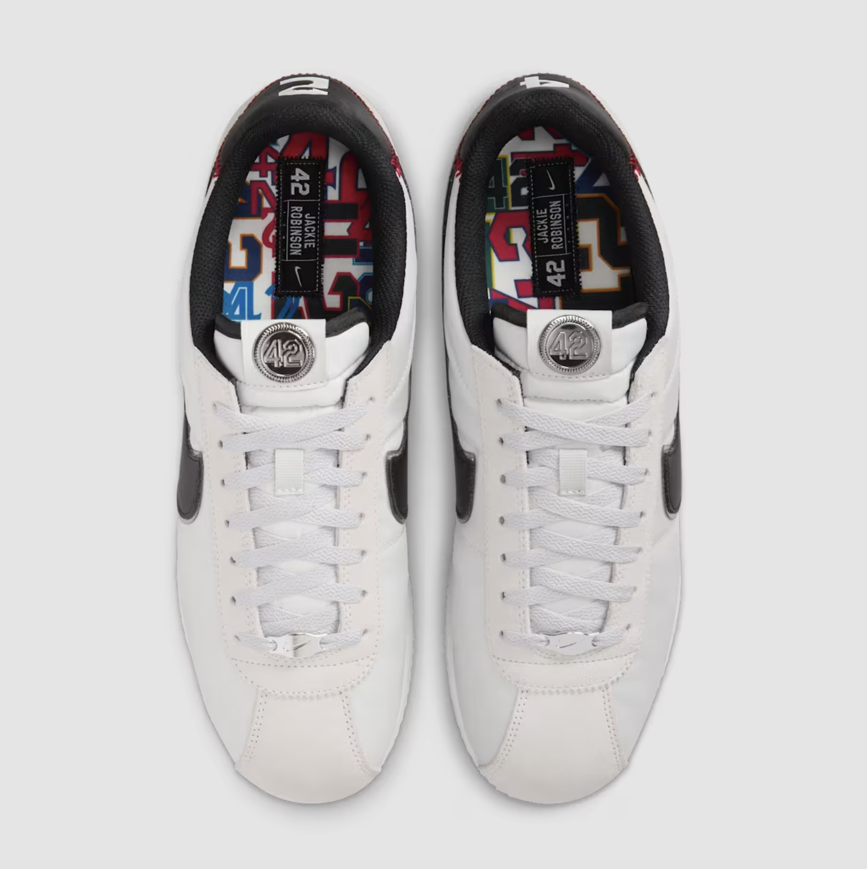 Nike Cortez Jackie Robinson Day Top view of Nike Cortez Jackie Robinson Day with number 42 details and colorful insoles