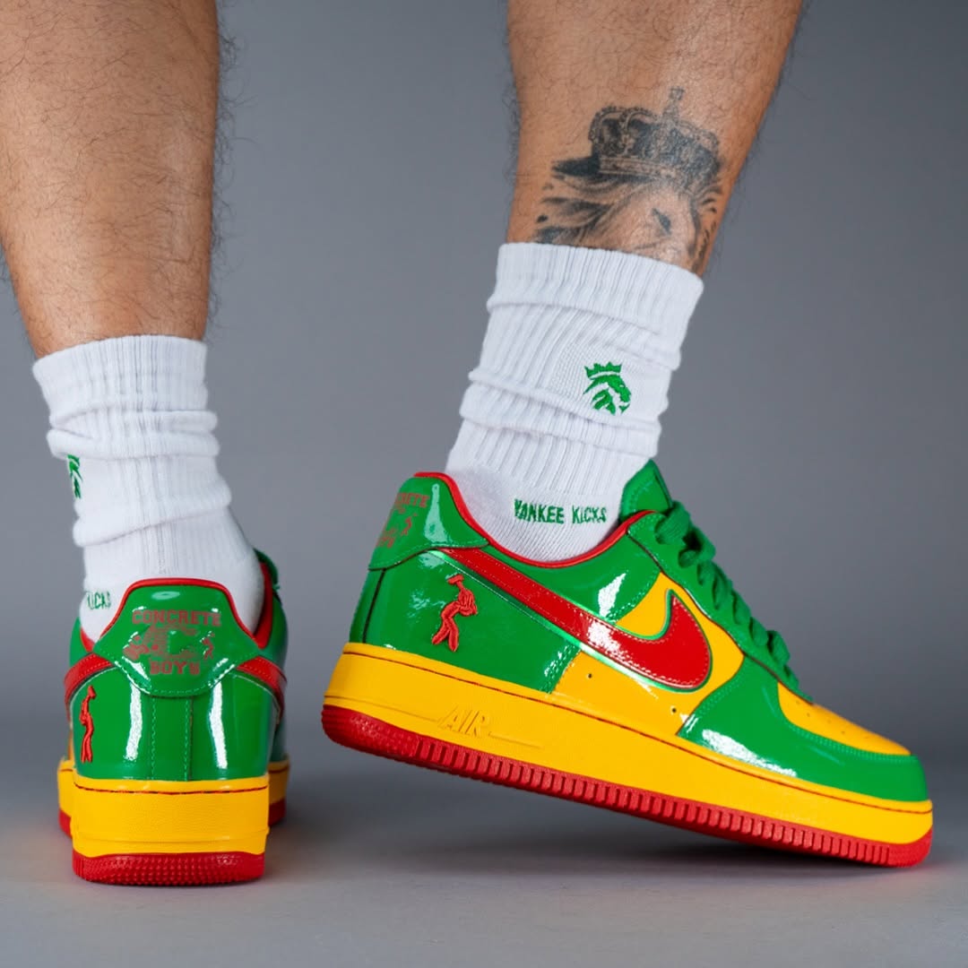 Alternate angle of the vibrant red, green, and yellow Nike Air Force 1 “Lucky Green” by Lil Yachty.