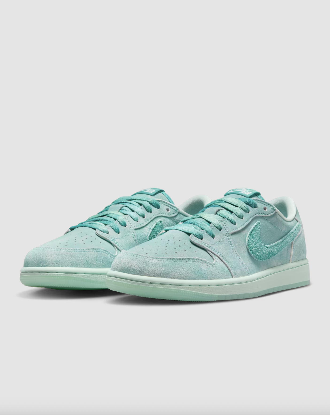 Pair of Air Jordan 1 Low “Washed Teal” W from front angle