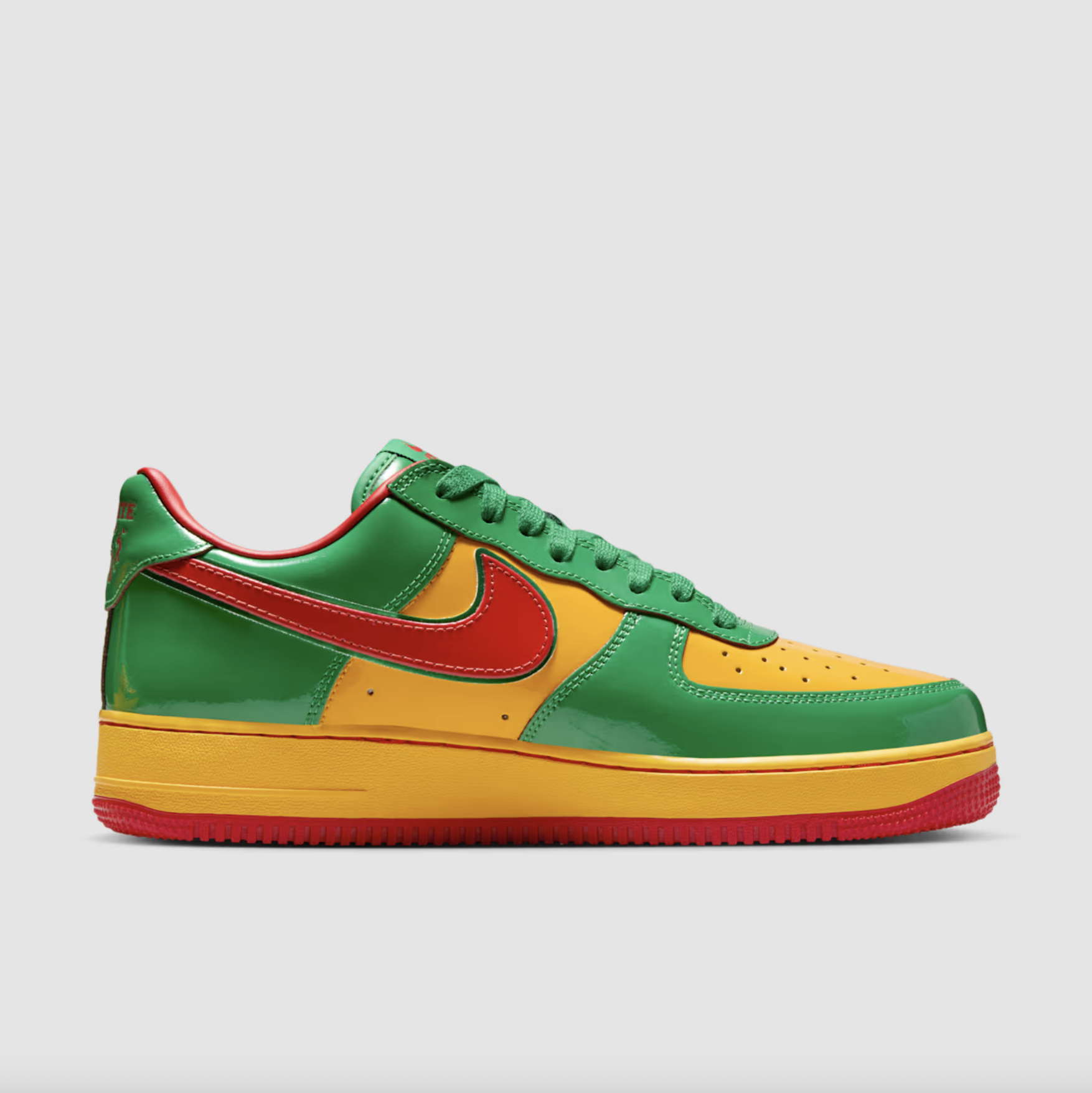 Official images of the vibrant red, green, and yellow Nike Air Force 1 “Lucky Green” by Lil Yachty.