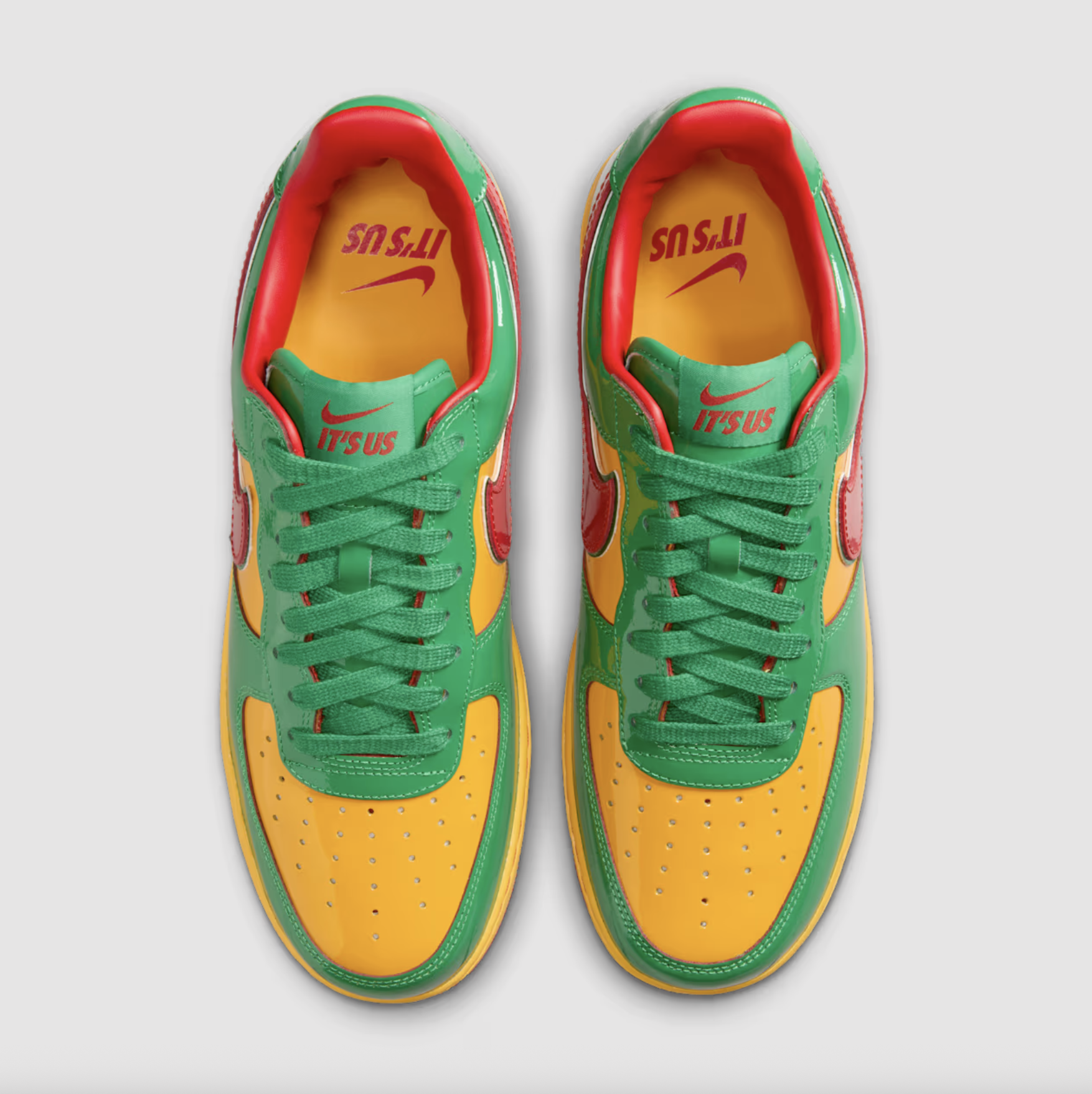 Official images of the vibrant red, green, and yellow Nike Air Force 1 “Lucky Green” by Lil Yachty.