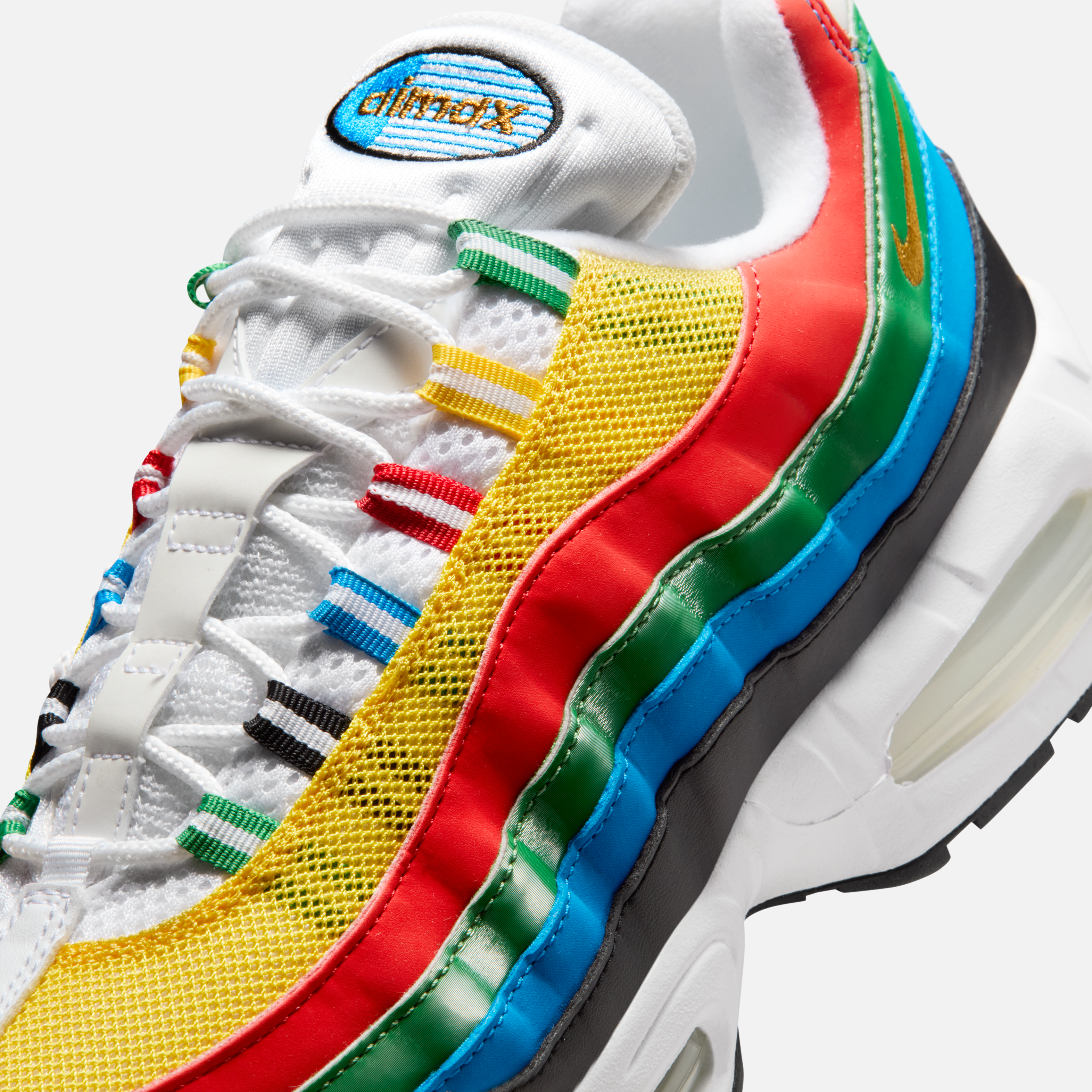 Detailed first look at the 2026 Nike Air Max 95 Olympic returning edition with vibrant red, yellow, green, blue, and black overlays.