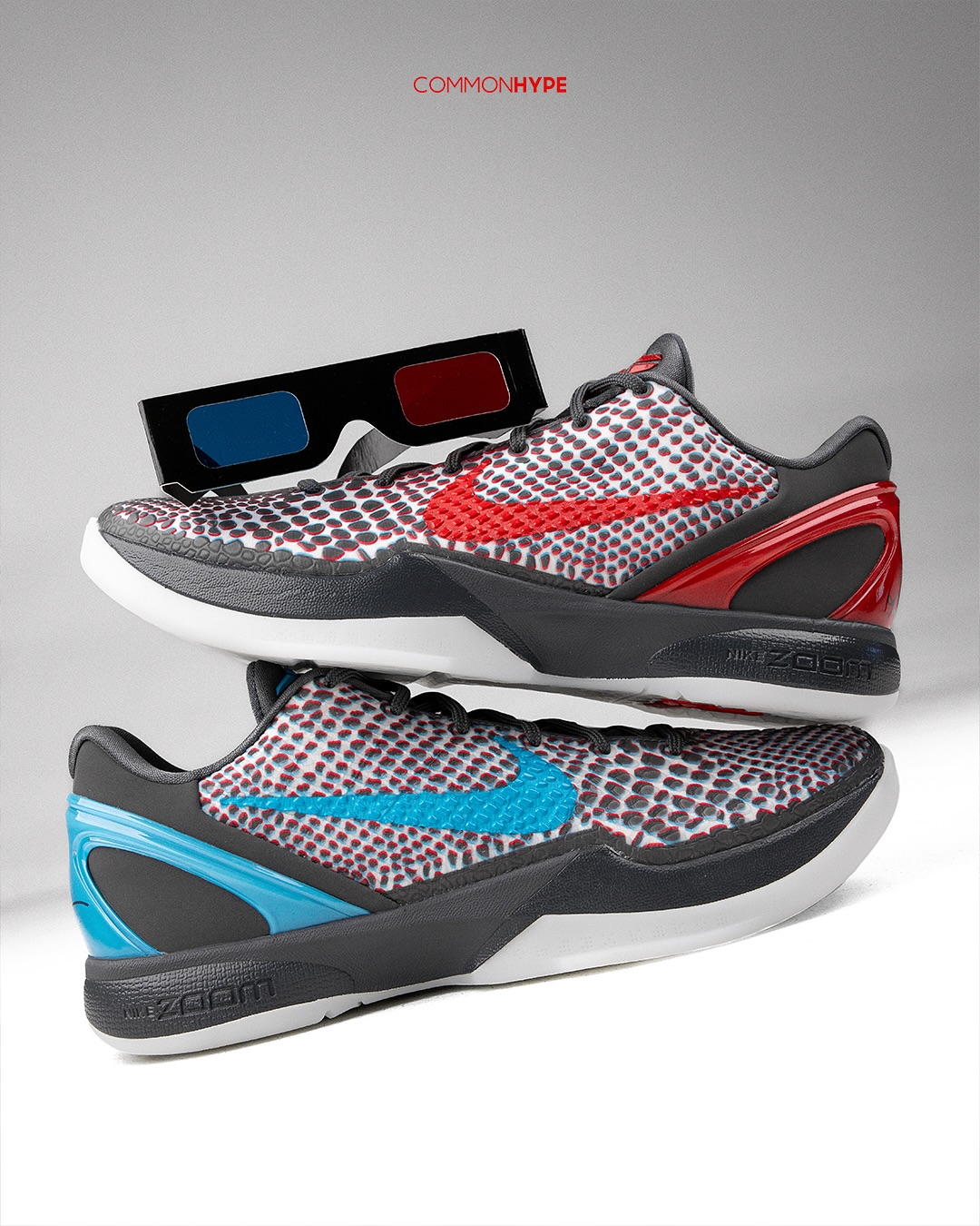 Nike Kobe 6 Protro 3D Hollywood 2026 sneaker with 3D lenticular upper and red/blue mismatched Swooshes