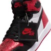 Close-up of Air Jordan 1 High Ruby with black Nike Air hangtag