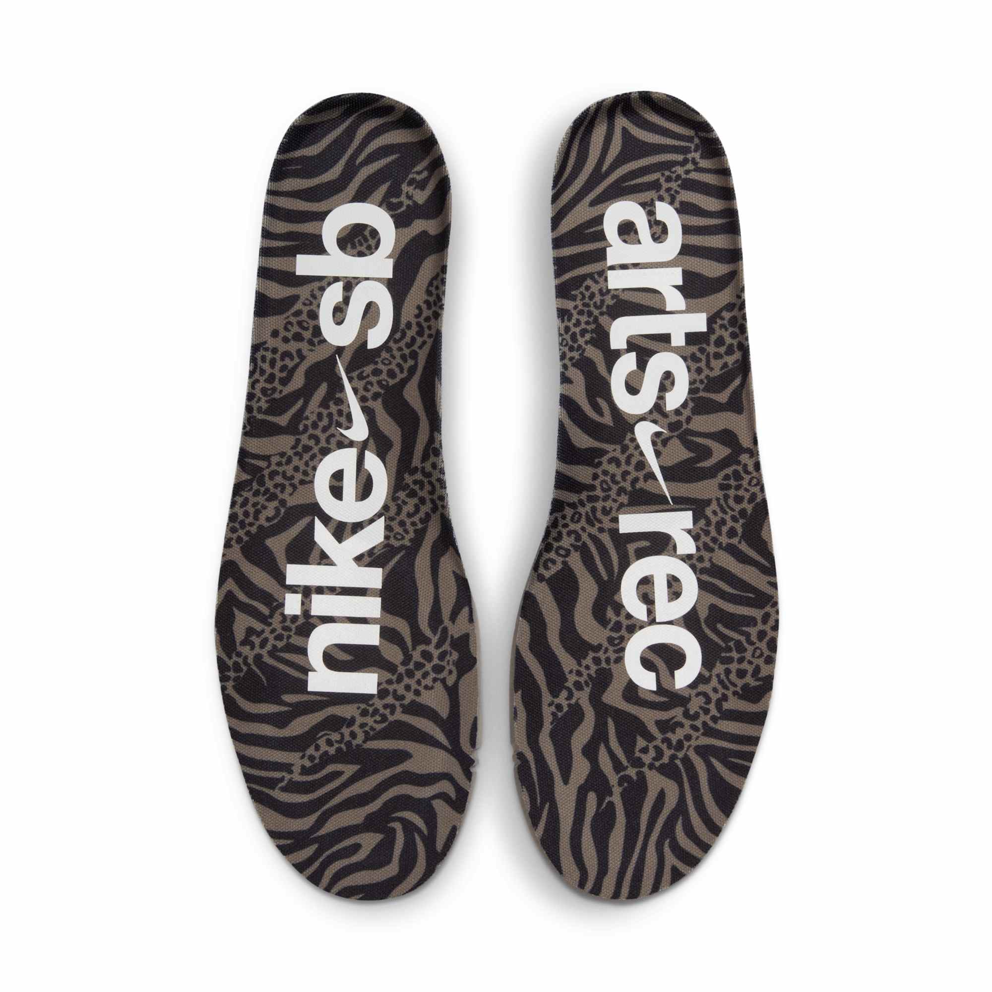 Arts-Rec x Nike SB Dunk Low Co-branded insoles featuring Nike SB and Arts‑Rec logos over zebra‑leopard design