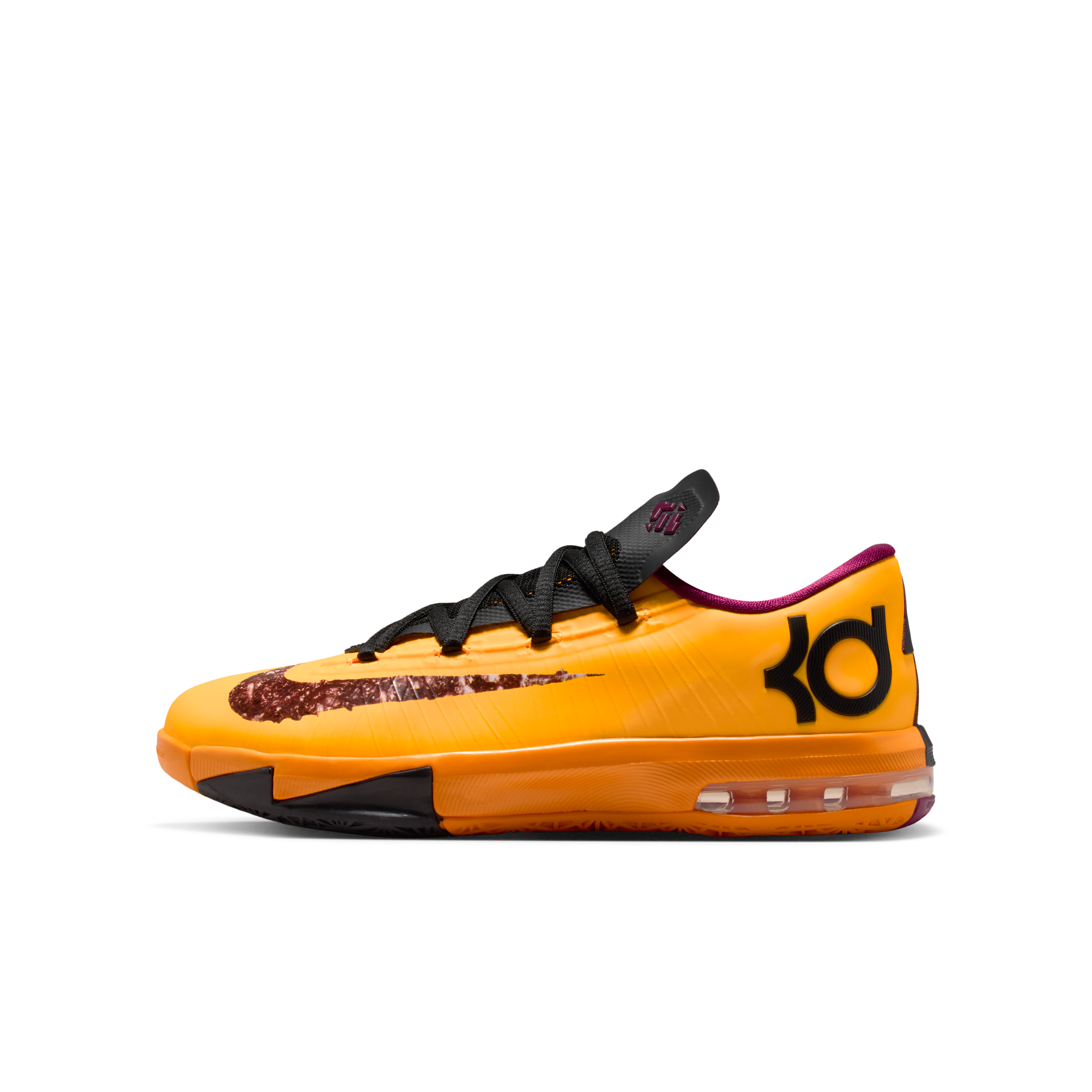 Side angle of mismatched Nike KD 6 “Peanut Butter Jelly” showcasing bold yellow and black upper