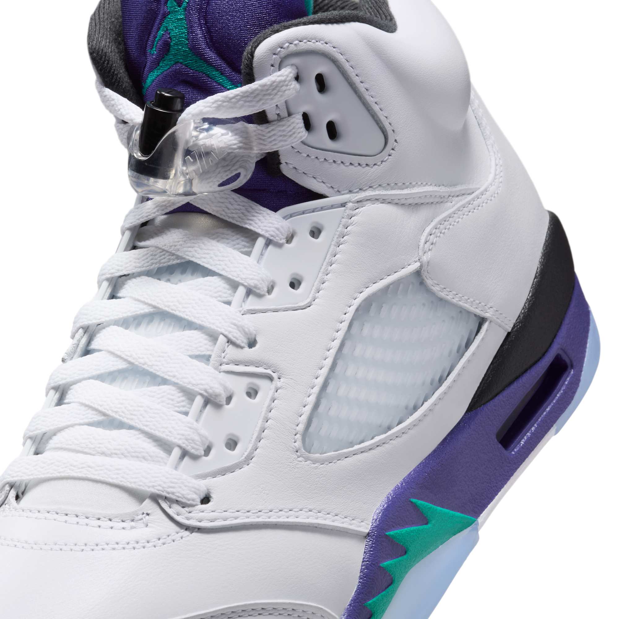 Close-up of the Air Jordan 5 Grape laces and tongue with lace lock