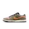 Side view of the Dunk Low in khaki, rust pink suede and animal print overlays