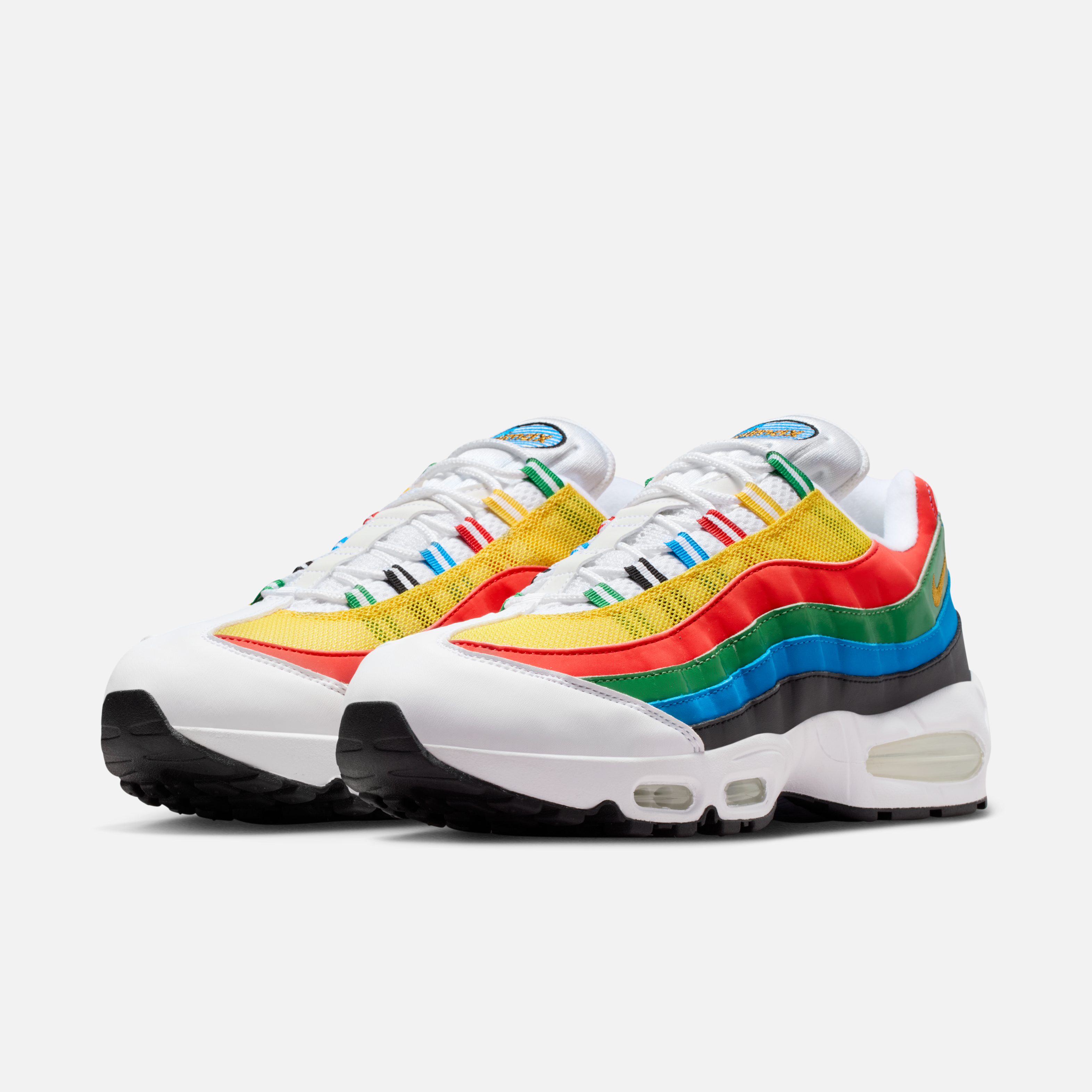 Detailed first look at the 2026 Nike Air Max 95 Olympic returning edition with vibrant red, yellow, green, blue, and black overlays.