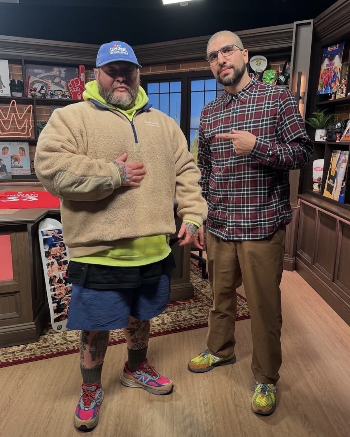 Action Bronson with Ariel Helwani wearing the New Balance 990v6 Amazõnia