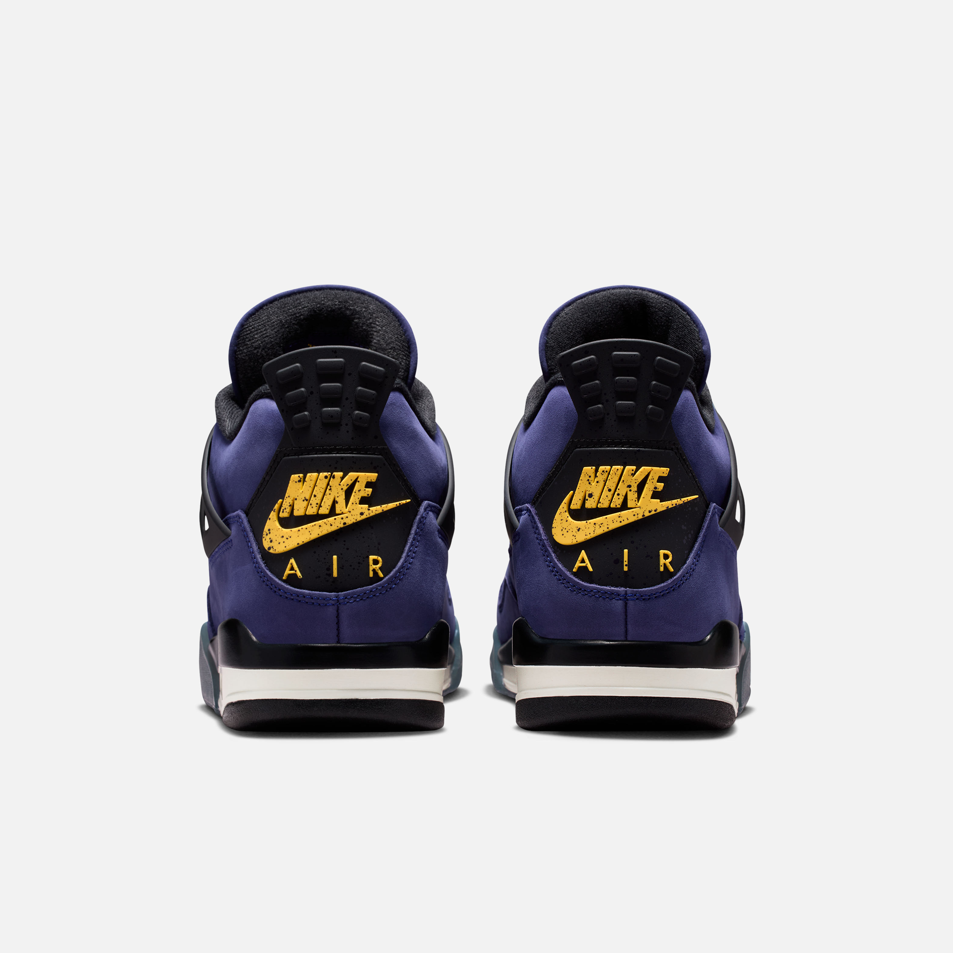 Detailed mock-up of Air Jordan 4 “Lakers” showing suede and plastic panel construction