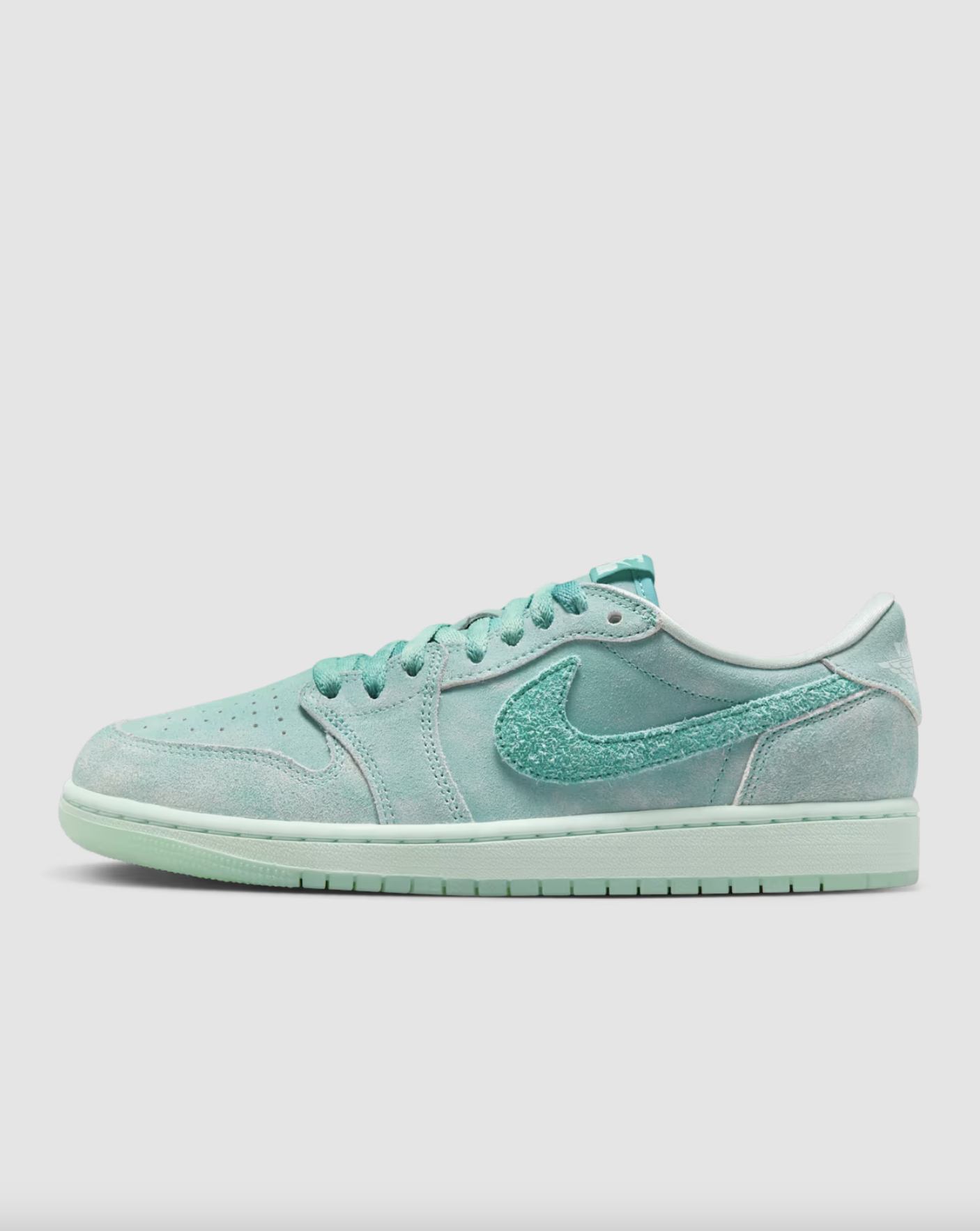 Detailed side angle of Air Jordan 1 Low “Washed Teal” W