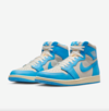 Official images of the Air Jordan 1 High "UNC Reimagined" with University Blue leather overlays and sail suede base – side angle.