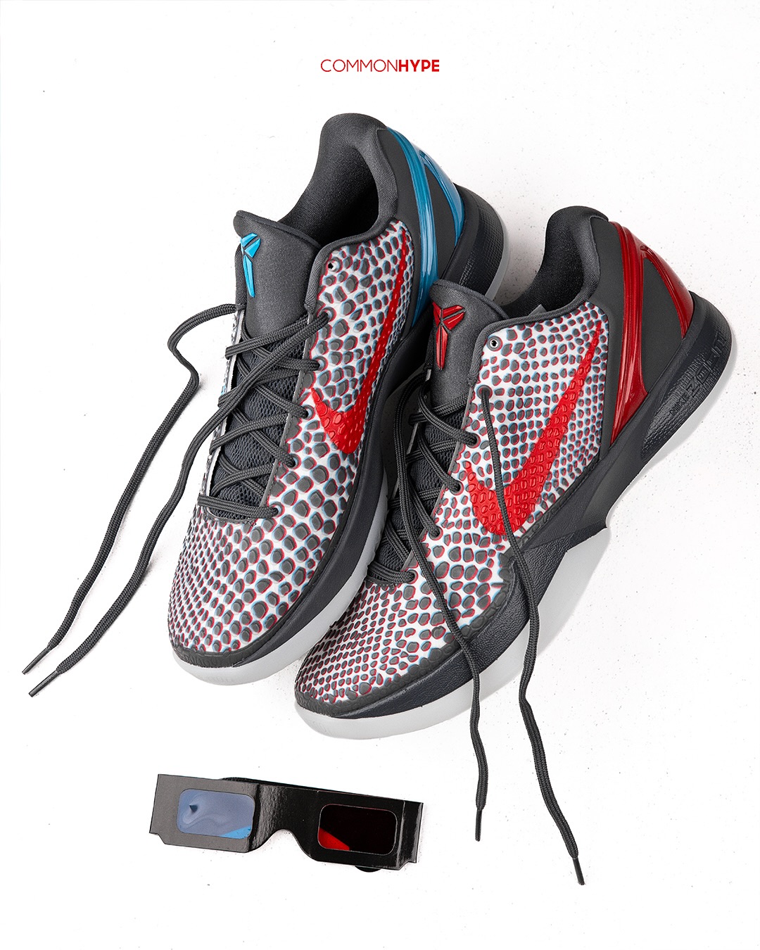 Nike Kobe 6 Protro 3D Hollywood 2026 sneaker with 3D lenticular upper and red/blue mismatched Swooshes