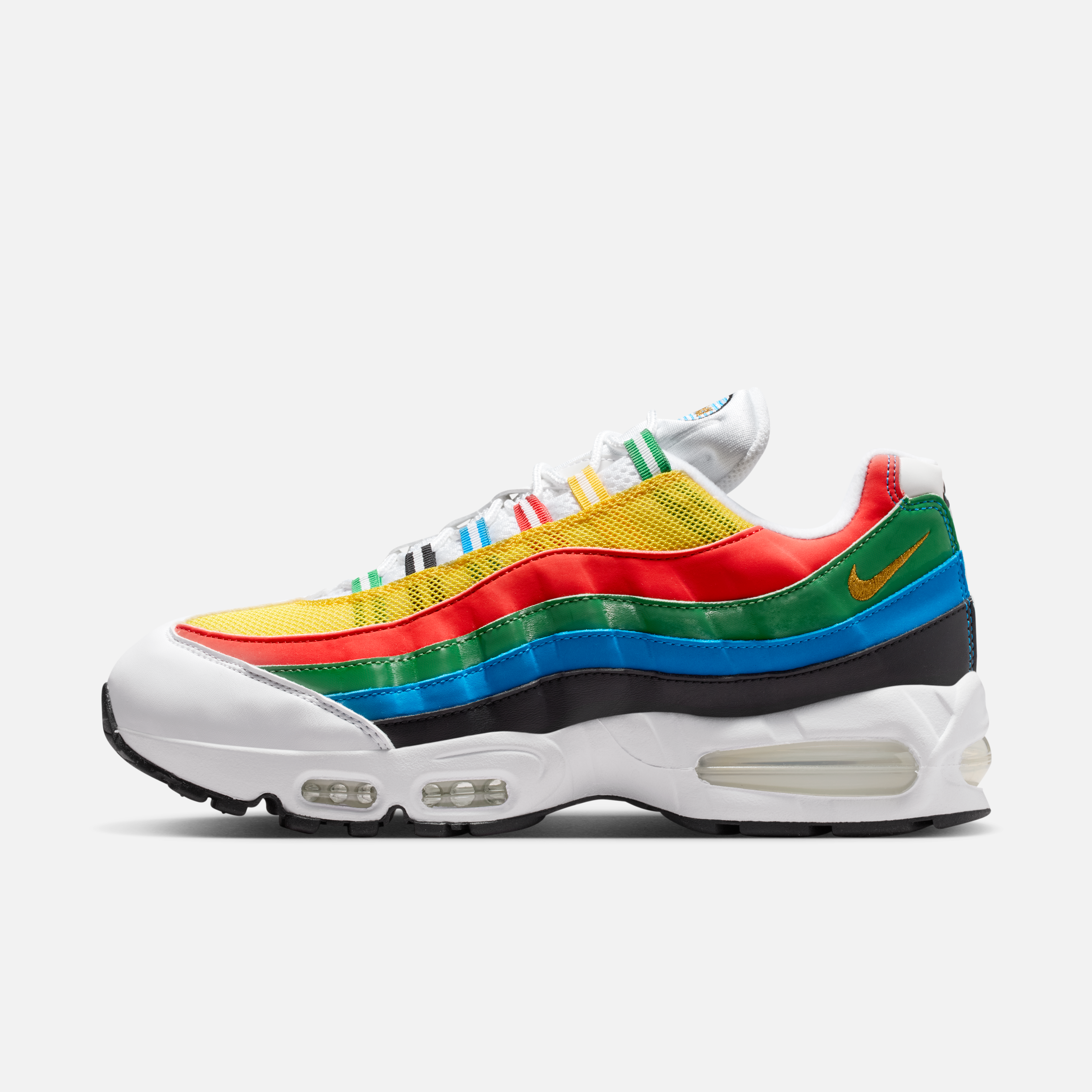 Detailed first look at the 2026 Nike Air Max 95 Olympic returning edition with vibrant red, yellow, green, blue, and black overlays.