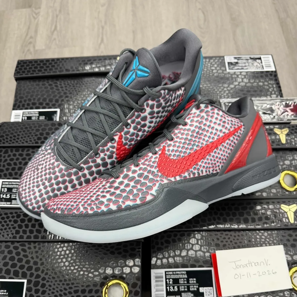 Nike Kobe 6 Protro 3D Hollywood 2026 sneaker with 3D lenticular upper and red/blue mismatched Swooshes